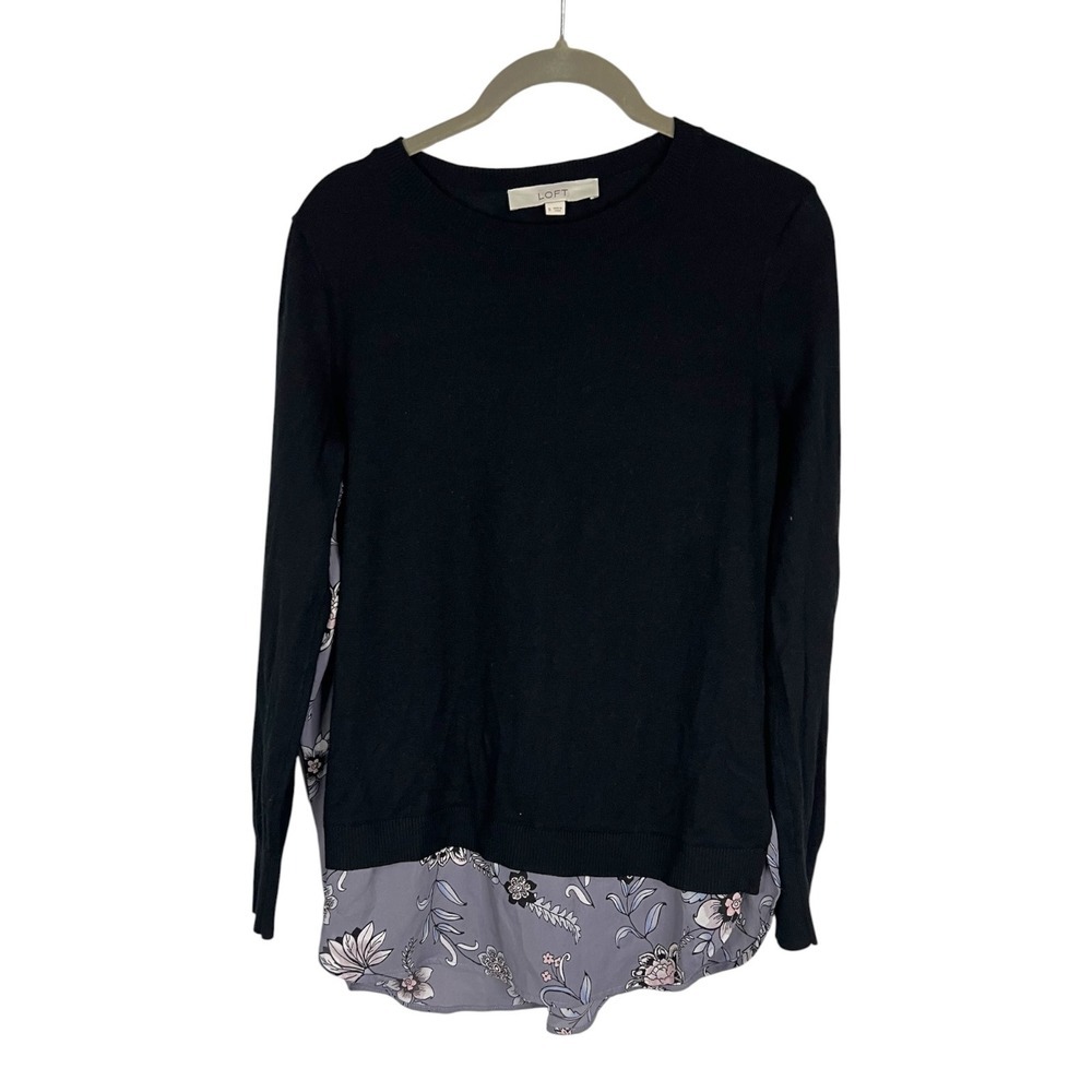 LOFT Mixed Media Floral Back Sweater Black Long Sleeve Crew Neck - Size small